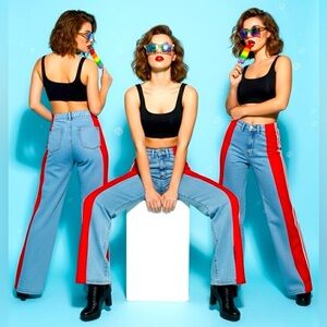 Side Stripe Chic Denim – 3-Tone Wide-Leg Street Jeans